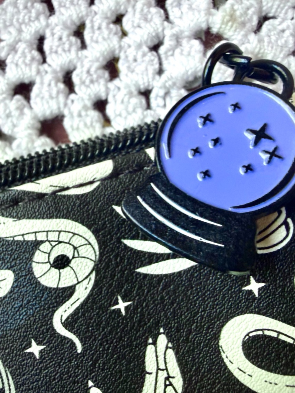 Mystical Black Faux Leather Zipper Pouch adorned with Celestial and Occult Icons - Picture 2 of 5
